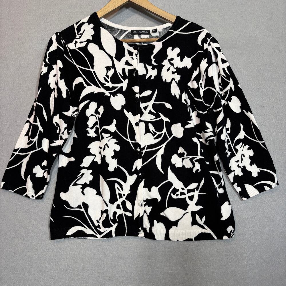 Notations Floral Cardigan Petite Large Black White Classic Statement Artsy Bold
